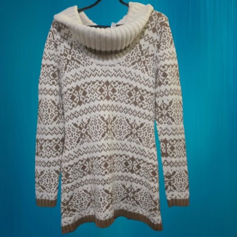 LOFT Cowl Neck Sweater - Cream and Brown Pattern